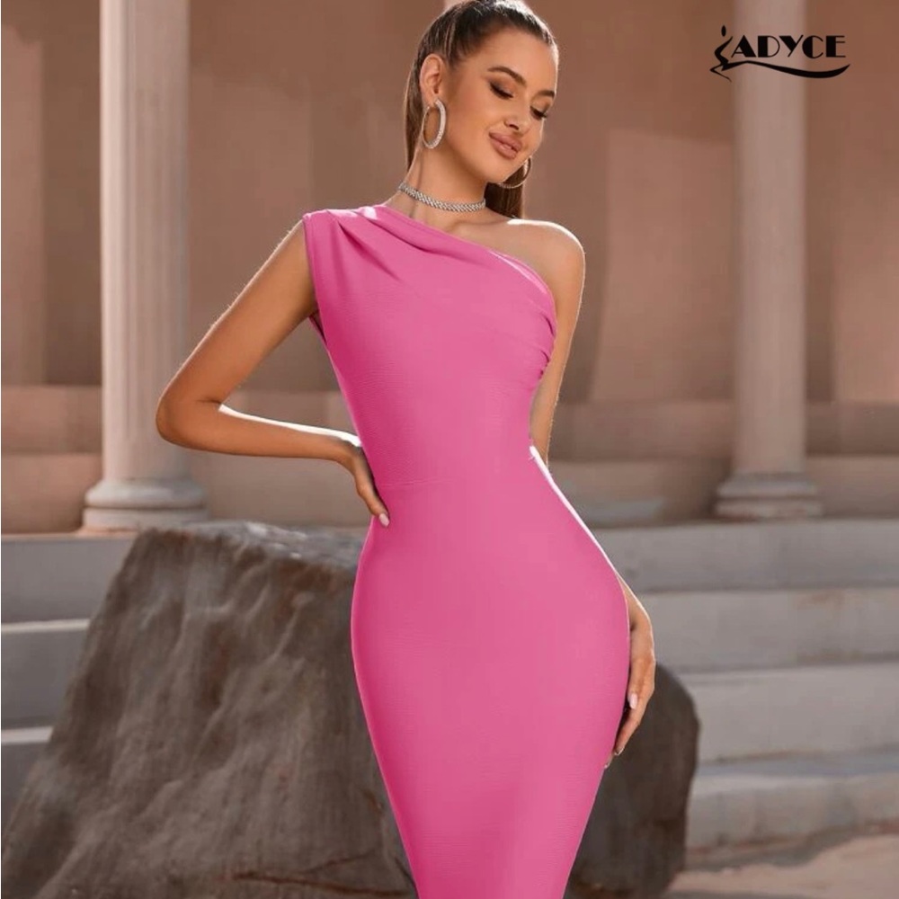 One shoulder zip back bandage dress pink